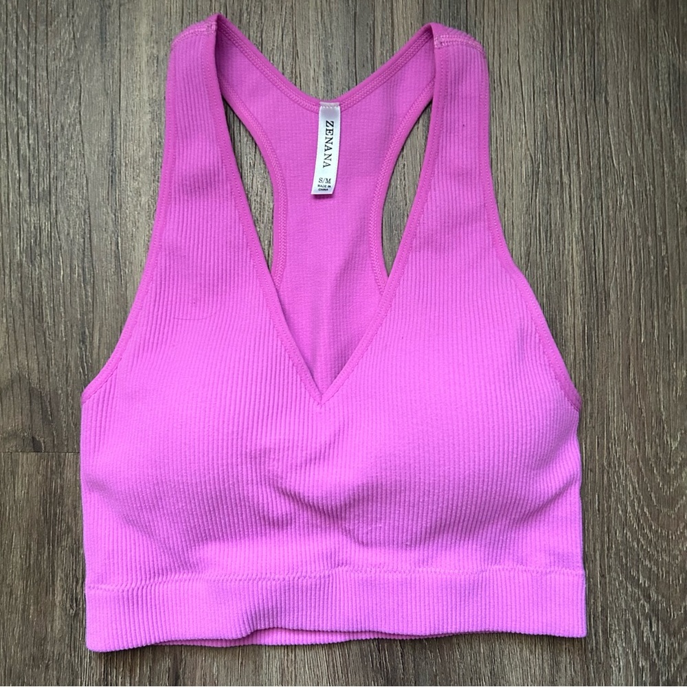 Zenana Outfitters Pink Ribbed Sports Bra